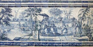 Frugtsmagning nær en sø i Asien - Azulejos, malet fajance af Portuguese School