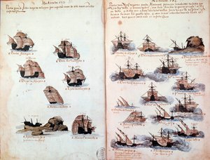 Manuskriptside "" Mindesmærker over armadaerne i Portugal under kong Manuel I (1469-1521)"" repræsenterer de portugisiske flåder. 1523 B.N. Paris af Portuguese School
