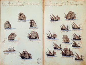 Manuskriptside "" Mindesmærker over armadaerne i Portugal under kong Manuel I (1469-1521)"" repræsenterer de portugisiske flåder af Portuguese School