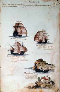Manuskriptside "" Erindringer om armadaerne i Portugal under kong Manuel I (1469-1521)", der repræsenterer de portugisiske flåder af året 1497. 1500 Lissabon, Nationalmuseet for antik kunst af Portuguese School