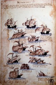 Manuskriptside "" Erindringer om armadaerne i Portugal under kong Manuel I (1469-1521)", der repræsenterer de portugisiske flåder af året 1497. 1500 Lissabon, Nationalmuseet for antik kunst af Portuguese School