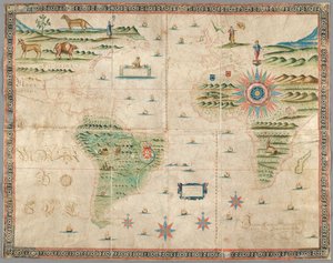 Kort over Vesteuropa, Afrika og Amerika, med tegninger af bjerge, dyr osv. Joseph da Costa e Miranda af Portuguese School