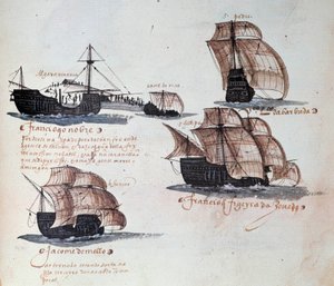 Mindesmærker for Armadas i Portugal under kong Manuel I (1469-1521): repræsentation af den portugisiske flådes karaveler. Miniature fra et manuskript fra 1497. Lissabon. Nationalmuseet for oldtidskunst af Portuguese School