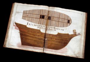 Søarkitektur: side af den arkitektoniske afhandling (Livro de Tracas de Carpintaria) af Manuel Fernandez: skæring af et skib af Portuguese School