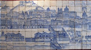 Panoramaudsigt over Lissabon, før jordskælvet i 1755 - Azulejos begyndelsen af det 18. århundrede, paneladvarsel om det tidligere palads for greverne af Tentugal, Lissabon (Store Lissabon panorama før jordskælvet i 1755, fajance tidligt i det 18. århundred