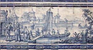 Scene ved bredden af en flod i Asien - Azulejos, malet fajance af Portuguese School