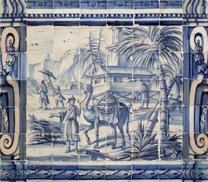 Scene med en kamel i Asien - Azulejos, malet fajance af Portuguese School