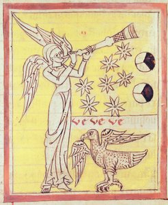 Englen, der blæser i trompet, de syv stjerner og evangelisten Johannes-ørnen, fra apokalypsen af St. Jean de Lorvao af Portuguese School