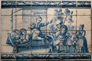 Lægen laver et lavement til en patient - Satirisk panel af Lissabon, første halvdel af det 18. århundrede (Læge - Satirisk panel, første halvdel af det 18. århundrede) - Musee national des azulejos, Lissabon (Portugal)