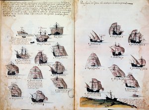 Krigsskibe. Minder om Portugals armadas under kong Manuel I (1469 - 1521). Håndskrift fra 1505. Paris. BN af Portuguese School
