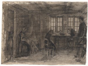 Interiør af et bondehus med fem personer af Poul S. Christiansen