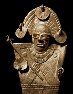Præcolombiansk kunst, Muisca civilisation: statuette af kvinde (Tunjo) i guld ceremoniel kostume. 15.-17. århundrede. Bogota, Museo de Oro, Colombia - Præ-columbiansk kunst, Muisca-kultur (15.-17. e.Kr.): guldstatue af en tunjo, en kvinde iført et ceremoni
