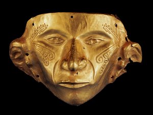 Præ-colombiansk maske fra den arkæologiske park Tierradentro, Alto de San Andres i Colombia (guld)