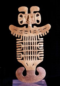 Før colombiansk kunst: Antropomorfisk vedhæng. Juvel fra Tolima-kulturen (region Colombia) i støbt guld lavet mellem det 5. og 10. århundrede. Metropolitan Museum of Art, New York.