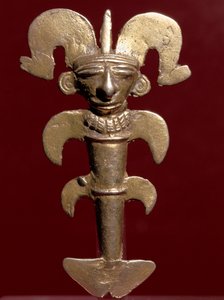 Præcolumbiansk kunst, Quimbaya civilisation (Colombia): antropomorfisk vedhæng i guld. 400-1400 e.Kr. Bogota, Guldmuseum, Colombia