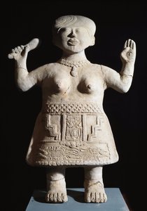 Før colombiansk kunst, Totonac-civilisation: statuette af prætress-arme i luften 6.-9. århundrede efter JC Fra El Tajin (sten) af Pre Columbian Pre Columbian