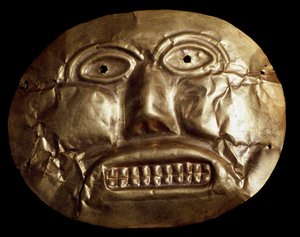 Den præcolumbianske civilisation Calima: begravelse af gyldne maske. 7.-15. århundrede Bogota, Gold Museum Colombia - Præ-columbiansk kunst, Calima-kultur (7.-15. e.Kr.): begravelsesguldmaske - Bogota, Gold Museum Colombia - Præ-columbiansk kunst, Calima-k