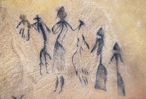 Fallisk dans af typen stiliseret-naturalistisk, mesolitisk kunst (vægmaleri) af Prehistoric Prehistoric