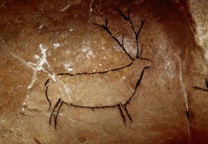 Forhistorie: en hjort. Øvre palæolitisk hulemaleri (magdalensk) (16.500 og 14.000 år siden). Alder af sten. Cave of Las Chimeneas, Monte Castillo, Spanien
