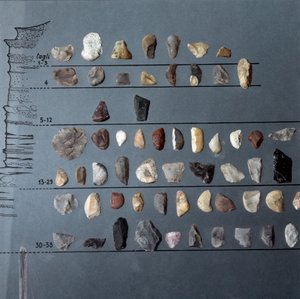 Forhistorie, kultur i Pontiniano: sten og flint (litisk produktion) fra Moscerini-hulen, Lazio. Stenalderen. Øvre palæolitikum. Rom, Luigi Pigorini Nationalmuseum for forhistorisk etnografi af Prehistoric Prehistoric