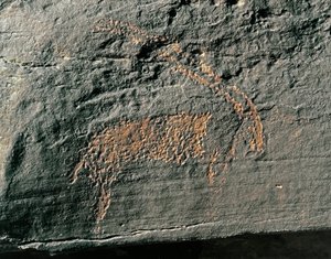 Forhistorie, klippekunst: gravsten af repræsentationen af en antilope. Stenalder 5000-2000 f.Kr. Taghit, Haut plateau du Hoggar (Ahaggar), Algeriet af Prehistoric Prehistoric