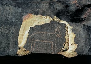 Forhistorie, klippekunst: gravsten af repræsentationen af en antilope. Stenalder 5000-2000 f.Kr. Taghit, Haut plateau du Hoggar (Ahaggar), Algeriet af Prehistoric Prehistoric