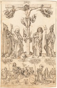 Korsfæstelsen med jomfruen og de hellige og familien Hungerstein af Primary Master of the Strassburg Chronicle
