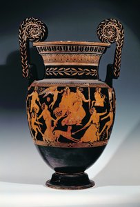 Loftsvolutkrater med rød figur dekoreret med en scene af skuespillere og musikere, der forbereder sig til en forestilling, græsk, fra Ruvo, 5. århundrede f.Kr. (keramik) (se også 119444, 119446-7) af Pronomos Painter