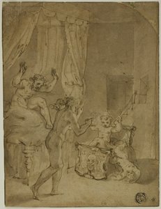 Spædbarnet Hercules kvæler slanger i sin vugge (recto); Kronet kvinde knælende i landskab og andre skitser (verso)