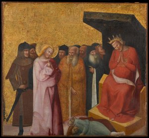 Johannes evangelisten genopretter livet for to mænd, ca. 1325-1330 (tempera og bladguld på panel)
