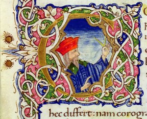 Ms Lat 463 fol.21r Historieret bogstav "C" med et portræt af Ptolemæus (ca.90-168) fra et verdenskort