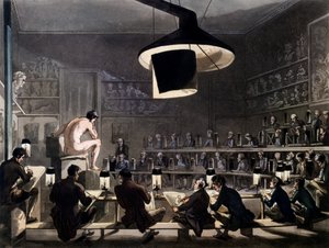Tegning fra Life at the Royal Academy, Somerset House, London, fra Microcosm of London af R. Ackermann, 1810 (farvet akvatint) af Pugin and Rowlandson