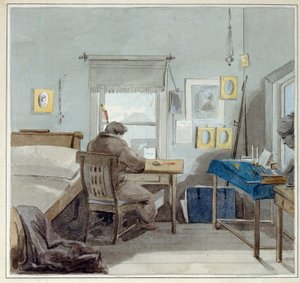 På arbejde. I House of Pavel Nashchokin (1801-?) (Moskva). (På arbejdet. I Pavel Nashchokin House). Pyotr Work (Piotr) Fyodorovich Sokolov (Pierre Sokolov) (1791-1848), akvarel på papir af Pyotr Fyodorovich Sokolov
