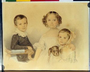 Portræt af Lanskoy børnene. Værk af Pyotr (Piotr) Fyodorovich Sokolov (Pierre Sokolov) (1791-1848), akvarel på pap af Pyotr Fyodorovich Sokolov