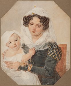 Portræt af Contesse Maria Nikolaevna Volkonskaya 1805-1863 med søn Nikolai, 1826 af Pyotr Fyodorovich Sokolov