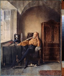 Pensionering. (En mand alene, opslugt af sine tanker ved sit skrivebord). Værk af Pyotr (Piotr) Petrovich Sokolov (1821-1899), akvarel og hvid på papir