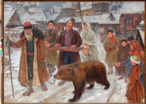 ""Skomorokhernes sang"" (Skomorokhernes sang) Omrejsende kunstnere, bjørnetæmmere i Rusland Maleri af Pyotr Ivanovich Subbotin (Permyak) (1886-1923) af Pyotr Ivanovich Subbotin