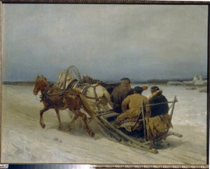 Trojka om vinteren. (Traditionelt russisk træk, trukket af tre heste). Maleri af Pyotr (Piotr) Petrovich Sokolov (1821-1899), olie på lærred af Pyotr Petrovich Sokolov