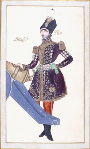 Portræt af Nasir al-Din Shah, hånd hviler på en kanon, ca. 1853-4