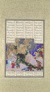 Isfandiyars fjerde kursus: Han dræber en troldkvinde, Folio 435v fra Shahnama..., ca. 1525-30.