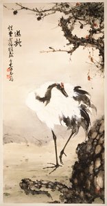 Kran under et fyrretræ (hængende rulle, blæk og farve på papir) af Qifeng Gao