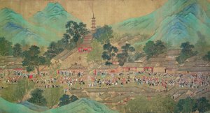 Kejser Kang Shis tur til Kiang-Han i 1699, efter Chaio Ping Chen (1661-1722) (blæk og farve på silkepapir) af Qing Dynasty Chinese School