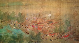 Kejser Kang Shis tur til Kiang-Han i 1699, efter Chaio Ping Chen (1661-1722) (blæk og farve på silkepapir) af Qing Dynasty Chinese School