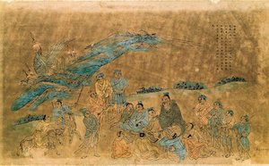 Den kinesiske filosof Confucius (Kong Fu Zi) (551-479 f.Kr.) omgiver sine disciple (akvarel) af Qing Dynasty Chinese School