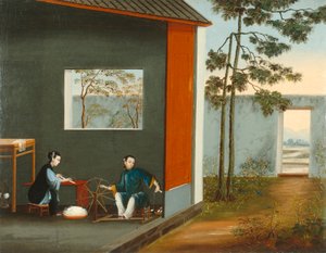 To kvinder, der spinder, ca. 1800 (olie på lærred) af Qing Dynasty Chinese School