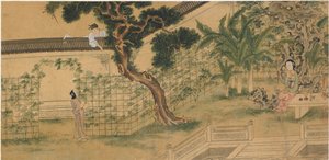 Scene fra skuespillet Romance of the West Chamber, af Wang Shifu, 1500-tallet.