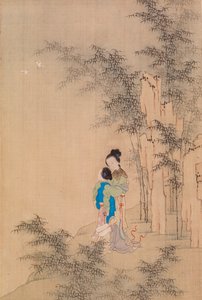 To skikkelser omfavnende i landskab af Qiu Ying