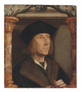 Portræt af en herre, i brystlængde, i en pelsforet frakke, der fortæller en rosenkrans, sat i en arkitektonisk ramme (olie på panel) af Quentin Massys or Metsys