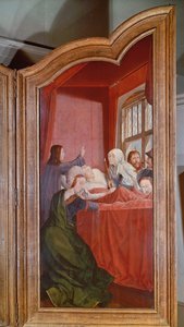 Det hellige slægtskab, eller St. Annes altertavle, detalje på højre panel, der viser St. Annes død, 1509 af Quentin Massys or Metsys