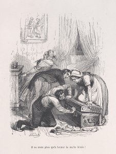 Tilbage er kun at lukke den velsignede kuffert! fra Menneskelivets små elendighed, 1843.. af Quichon